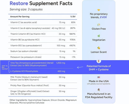 Cheers Restore | Supplement with DHM + L-Cysteine | Feel Better After Drinking & Support Your Liver | Dihydromyricetin, Cysteine, Prickly Pear, B-Vitamins, Ginger